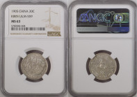 China Kirin 20 Cents 1905 (42) NGC MS63 Top Grade
Y# 181a; Silver; Scarce in this grade, with full mint luster!