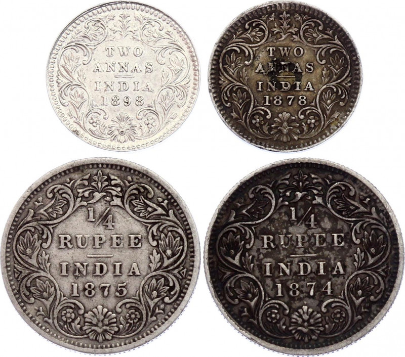 British India Lot of 4 Coins 1874 - 1898
(x2) 2 Annas & (x2) 1/4 Rupee 1874 - 1...