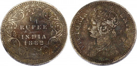 British India 1/4 Rupee 1882 B Rare
KM# 490; Type C Bust, Type II Reverse; Silver; Victoria; XF
