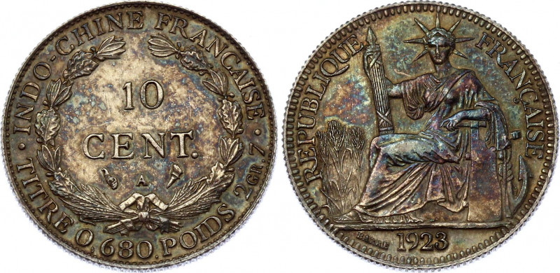 French Indochina 10 Centimes 1923
KM# 16.1; Silver; UNC with nice toning