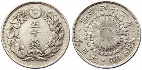 Japan 50 Sen 1909 (42)
Y# 31; Silver 1.08 g.; Mutsuhito; AUNC