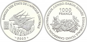 Central African States 1000 Francs 2002 Rare
KM# 24; Silver, Proof; Mintage 500 pcs only!; Introduction Euro
