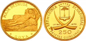 Equatorial Guinea 250 Pesetas 1970
KM# 2.1; Gold (.900) 3,47g.; Goya’s Naked Maja; Mintage 3,500; Proof