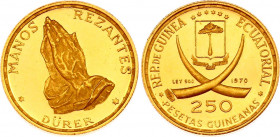 Equatorial Guinea 250 Pesetas 1970
KM# 21; Gold (.900) 3,52g.; Durer’s Praying Hands; Mintage 2,000; Proof
