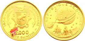 Guinea 2000 Francs 1969
KM# 18; Gold (.900) 7,90g.; 10th Anniversary of Independence; Lunar Landing; Proof