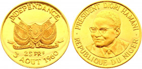 Niger 25 Francs 1960 (ND)
KM# 2; Gold (.900) 7,94g.; President Diori Hamani; Independence Commemorative; Mintage 1,000; Proof
