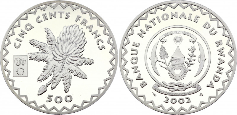 Rwanda 500 Francs 2002 Rare
KM# 30; Silver, Proof; Mintage 500 pcs only!