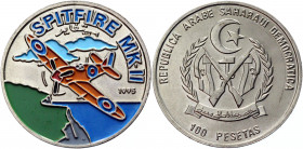 Sahrawi Arab Democratic Republic 100 Pesetas 1995 
KM# 23; Nickel Clad Steel; WWII British Spitfire MK II, enameled; UNC