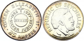 Seychelles 25 Rupees 1977
KM# 38; Silver, Prooflike; 25th Anniversary of the Accession of Queen Elizabeth II; UNC