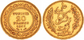 Tunisia 20 Francs 1893 AH 1310 A
KM# 227; Gold (.900) 6,39g.; Ali Bey; French Protectorate; UNC