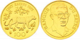 Zaire 100 Zaires 1975
KM# 11; Gold (.900) 33,17g.; Mobuto; Conservation; Leopard; Mintage 279; Proof