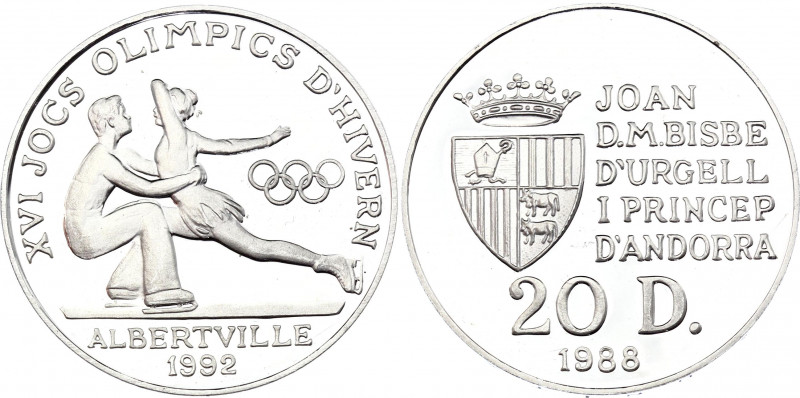 Andorra 20 Diners 1988
KM# 47; Silver, Proof; 1992 Winter Olympics in Albertvil...