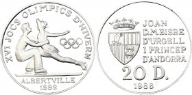Andorra 20 Diners 1988
KM# 47; Silver, Proof; 1992 Winter Olympics in Albertville