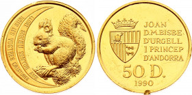 Andorra 50 Diners 1990
KM# 64; Gold (.999) 15,46g.; Wildlife; Red Squirrel; Mintage 2,500; Proof