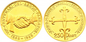 Andorra 250 Diners 1988 (ND)
KM# 45; Gold (.999) 11,89g.; 700th Anniversary - Andorra’s Governing Charter; Mintage 3,000; UNC