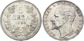 Bulgaria 5 Leva 1894 KB
KM# 18; Silver; Ferdinand I; XF+