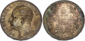 Bulgaria 5 Leva 1894 KB
KM# 18; Silver; Ferdinand I; AUNC with amazing toning