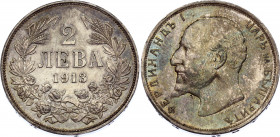 Bulgaria 2 Leva 1913
KM# 32; Silver; Ferdinand I; UNC minor hailines & nice toning