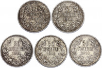 Bulgaria 5 x 50 Stotinki 1910
KM# 27; Silver; Ferdinand I