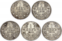 Bulgaria 5 x 1 Lev 1910
KM# 28; Silver; Ferdinand I