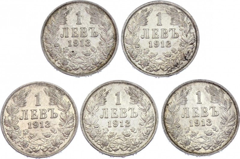 Bulgaria 5 x 1 Lev 1913
KM# 31; Silver; Ferdinand I