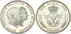 Denmark 5 Kroner 1960
KM# 852; Silver; Silver Wedding Anniversary; UNC with full mint luster