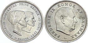 Denmark 10 Kroner 1967
KM# 856; Silver; Frederik IX; Wedding of princess Margrethe; UNC with full mint luster