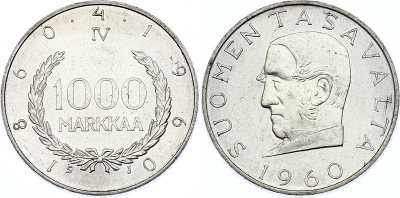 Finland 1000 Markkaa 1960
KM# 43; Silver; Markka Currency System Centennial - S...