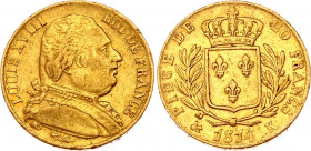 France 20 Francs 1814 K
KM# 706.3; Gold (.900) 6,32g.; Louis XVIII; Mint: Bordeaux; VF-XF