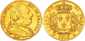 France 20 Francs 1815 A
KM# 706.1; Gold (.900) 6,29g.; Louis XVIII; Mint: Paris; VF-XF