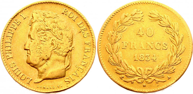France 40 Francs 1834 A
KM# 747.1; Gold (.900) 12,62g.; Louis Philippe I; Mint:...