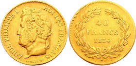 France 40 Francs 1834 A
KM# 747.1; Gold (.900) 12,62g.; Louis Philippe I; Mint: Paris; VF