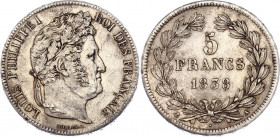 France 5 Francs 1838 A
KM# 749; Silver; Louis Philippe I; XF