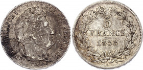 France 5 Francs 1838 W
KM# 749; Silver; Louis Philippe I; XF