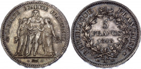 France 5 Francs 1848 A
KM# 756.1; Silver; Hercule; AUNC, dark toning
