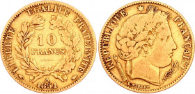 France 10 Francs 1851 A
KM# 770; Gold (.900), 3.22g. VF.
