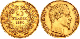 France 20 Francs 1854 A
KM# 781.1; Gold (.900) 6,41g.; Napoleon III; 2nd Empire; Mint: Paris; AUNC