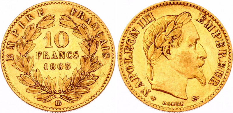 France 10 Francs 1863 BB
KM# 80.2; Gold (.900) 3,18g.; Napoleon III; 2nd Empire...