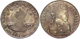Bolivia 8 Soles 1829 PTS JM
KM# 97; Silver 26,96g.; Tree center with 2 alpacas laying below, 6 6-pointed stars on curved line above tree, country nam...