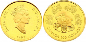 Canada 100 Dollars 1993
KM# 245; Gold (.583) 13,24g.; Elizabeth II; Antique Automobiles: German Bene Victoria, Simmonds Steam Carriage, French Panhar...