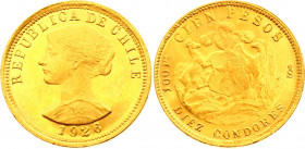 Chile 100 Pesos 1926
KM# 170; Gold (.900) 20,16g.; XF-AUNC