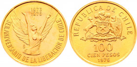Chile 100 Pesos 1976
KM# 213; Gold (.900) 20,16g.; 3rd Anniversary of New Government; Mintage 100; Proof