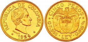 Colombia 5 Pesos 1924
KM# 204; Gold (.917) 7,89g.; Simon Bolivar; UNC