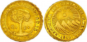 Central American Republic Costa Rica 2 Escudos 1850 CR JB
KM# 15; Gold (.875) 6.75 g.; Mintage 7432 pcs; XF