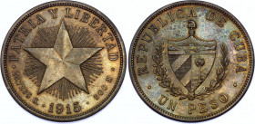 Cuba 1 Peso 1915 Low Relief
KM# 15.2; Low relief star; Silver; with nice toning