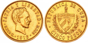Cuba 5 Pesos 1915
KM# 19; Gold (.900) 8,28g.; Jose Marti; AUNC