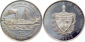 Cuba 5 Pesos 1993 
KM# 524.1; Silver 15,03g.; Historia Postal de Cuba Steamship; Proof