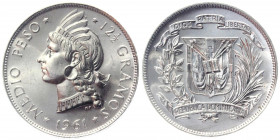 Dominican Republic 1/2 Peso 1961 ANACS MS65
KM# 21; Silver