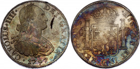 Mexico 8 Reales 1797 FM
KM# 109; Silver; Carlos IV; Bulged Die; AUNC with amazing toninig!