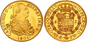 Mexico 8 Escudos 1801 Mo FM
KM# 159; Gold (.875) 26.79 g.; Carlos IV; UNC, Hard to find in such a high grade!